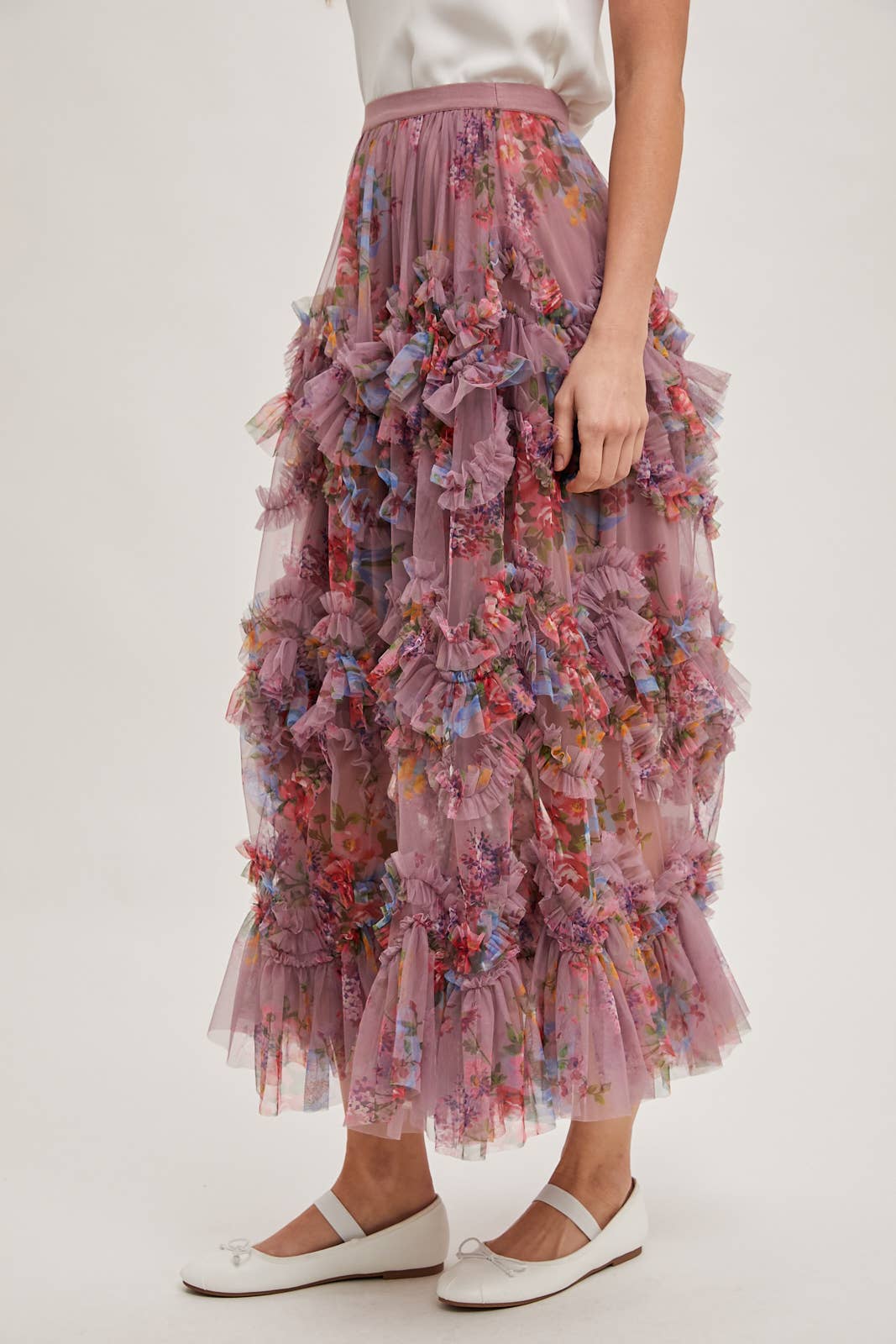 FLORAL RUFFLED MESH MIDI SKIRT