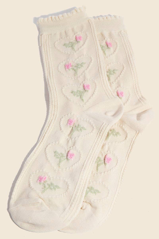 Beige Heart Halo Flower Embroidered Socks Anarchy Street
