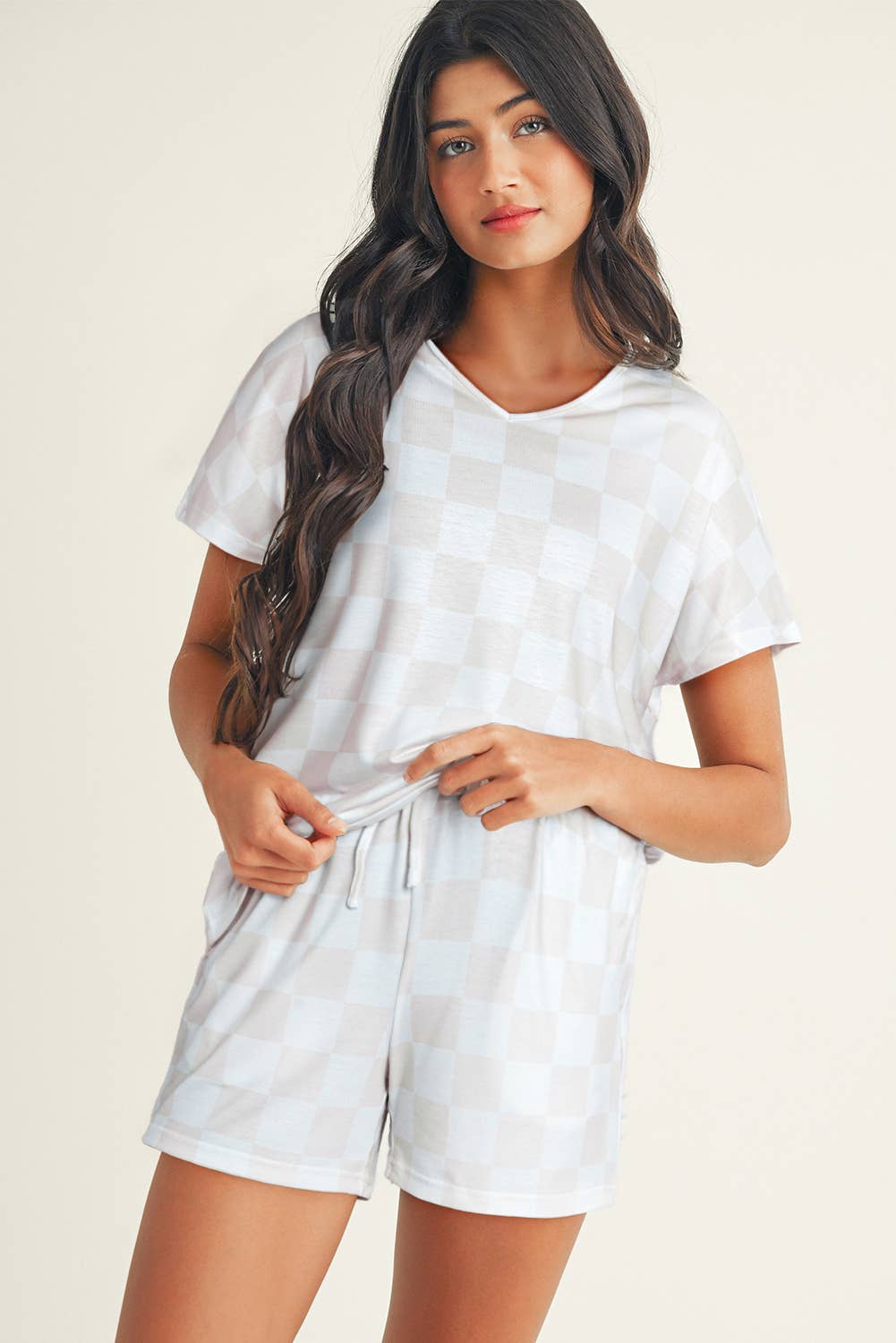Checkered V Neck Tee Drawstring Shorts Lounge Set