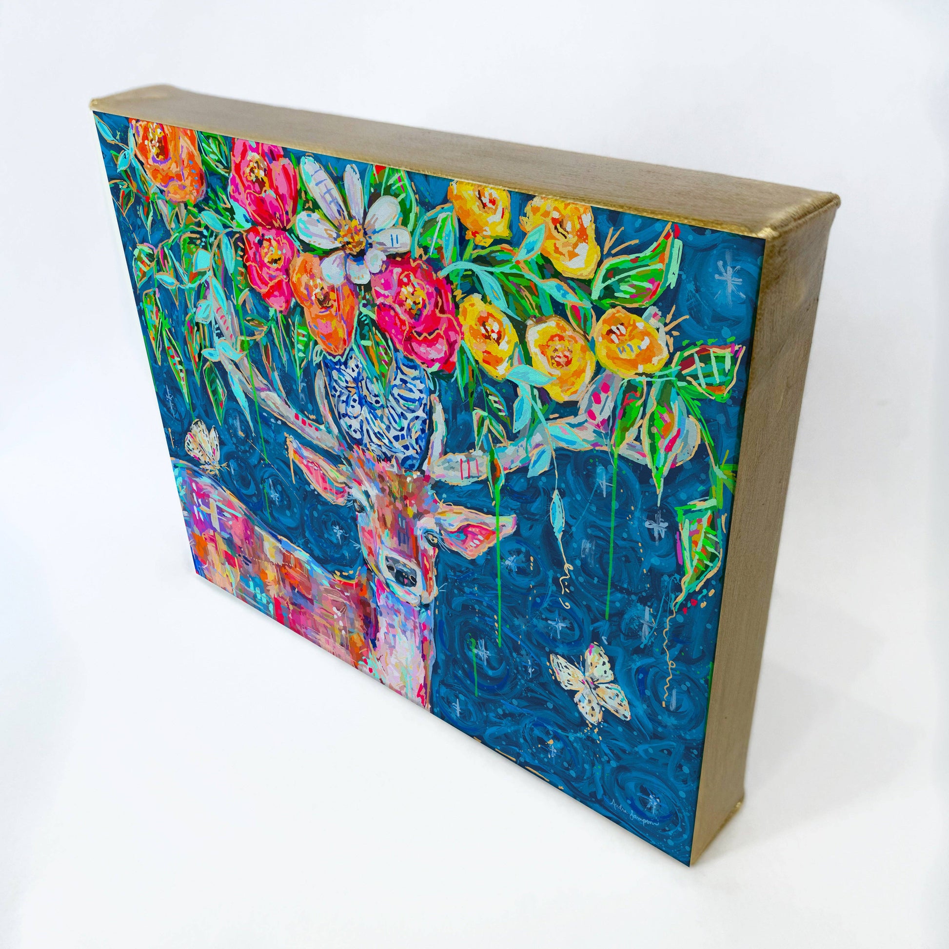 Deer and Bouquet Gallery Wrapped Canvas - Floral Art Painting Audra Style