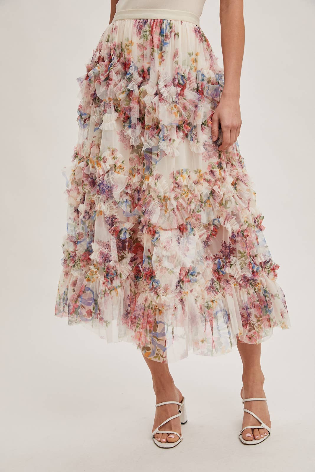 FLORAL RUFFLED MESH MIDI SKIRT