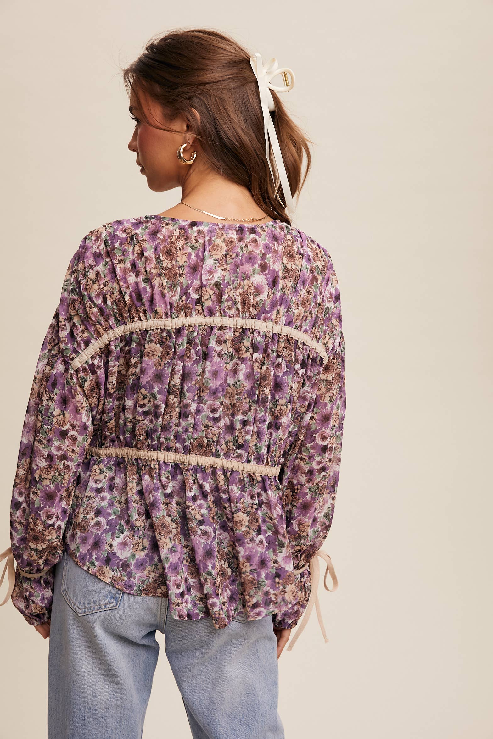 Floral Printed Sheer Blouse with Tie Accents Listicle