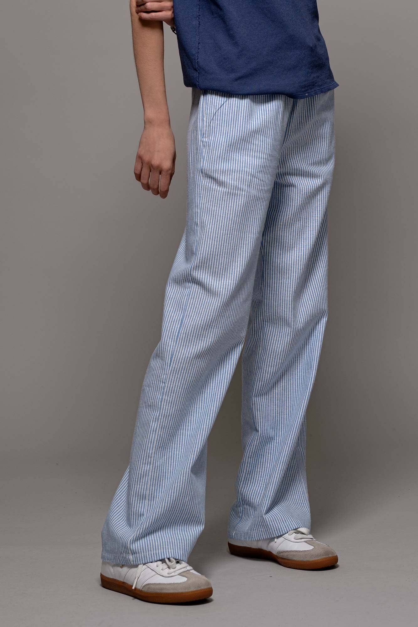 Blue Pinstripe Drawstring Wide Leg Lounge Pants