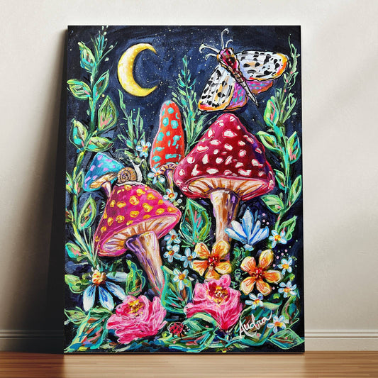 Mushroom Moth Moon Gallery Wrapped Canvas - Fall Nature Art Painting Audra Style