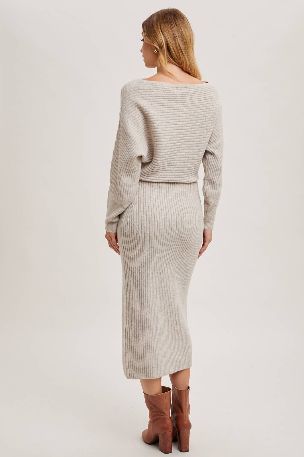 ONE SHOULDER OFF SIDE SLIT MIDI KNIT SWEATER DRESS Bluivy