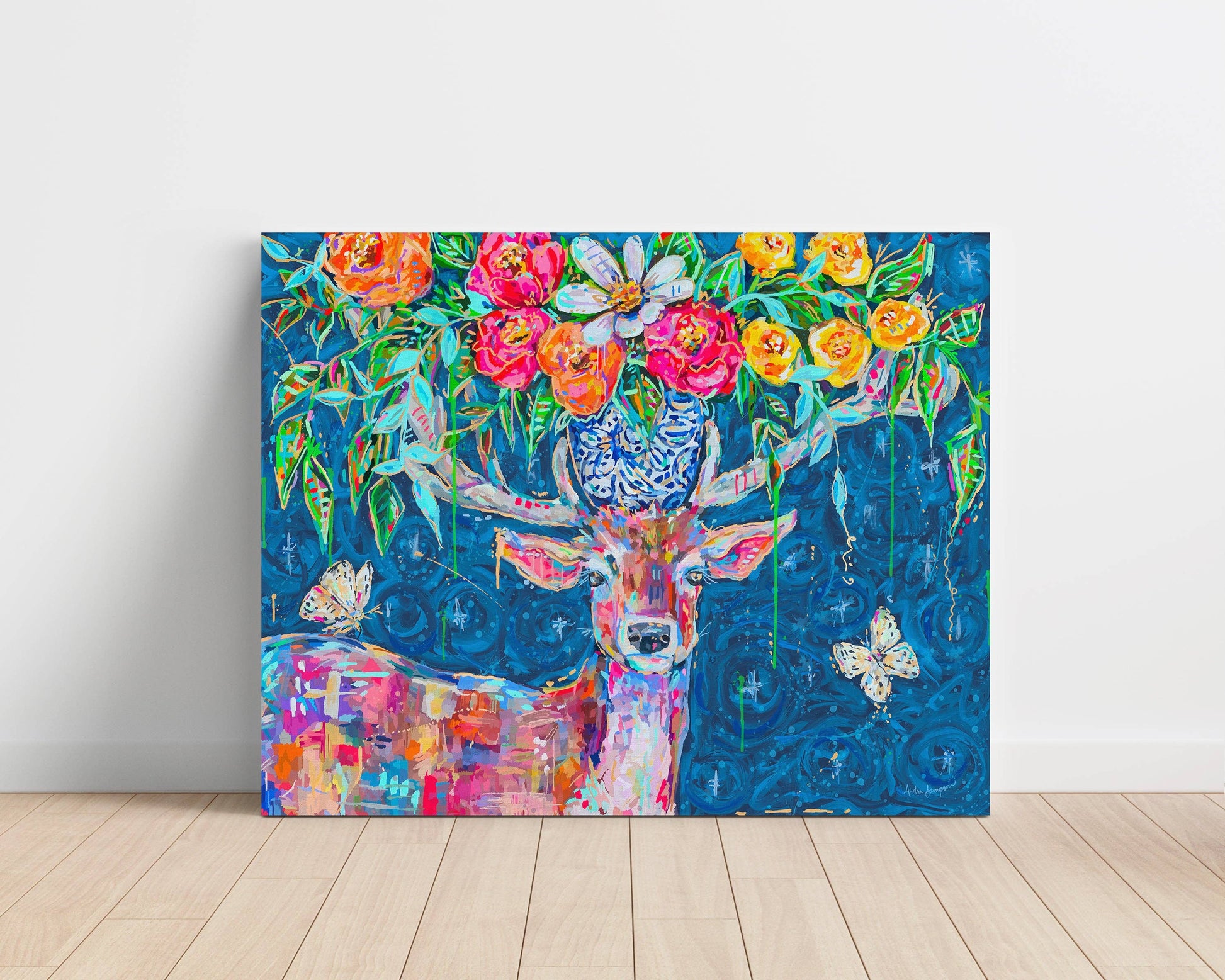 Deer and Bouquet Gallery Wrapped Canvas - Floral Art Painting Audra Style