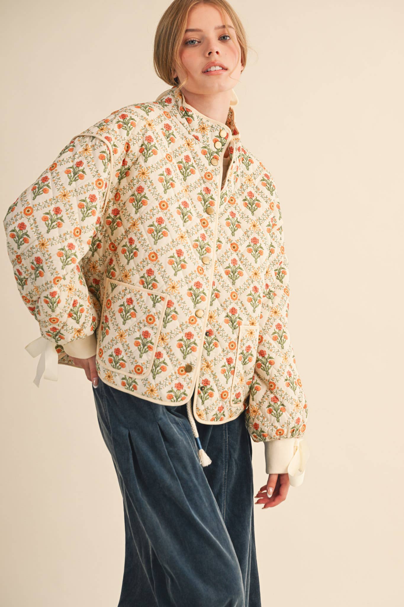 FLORAL QUILTED JACKET WITH RIBBON DETAIL MJK4431 &MERCI