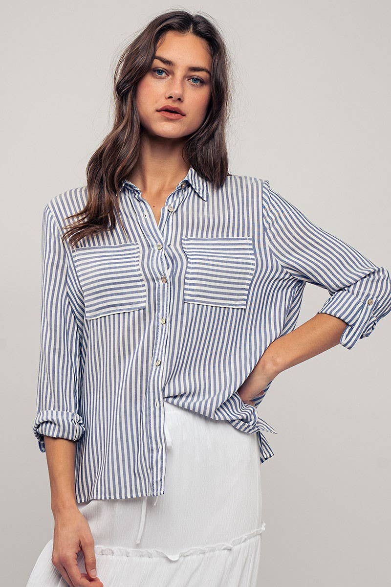 Relaxed Fit Vertical Striped Rayon Button Down Shirt