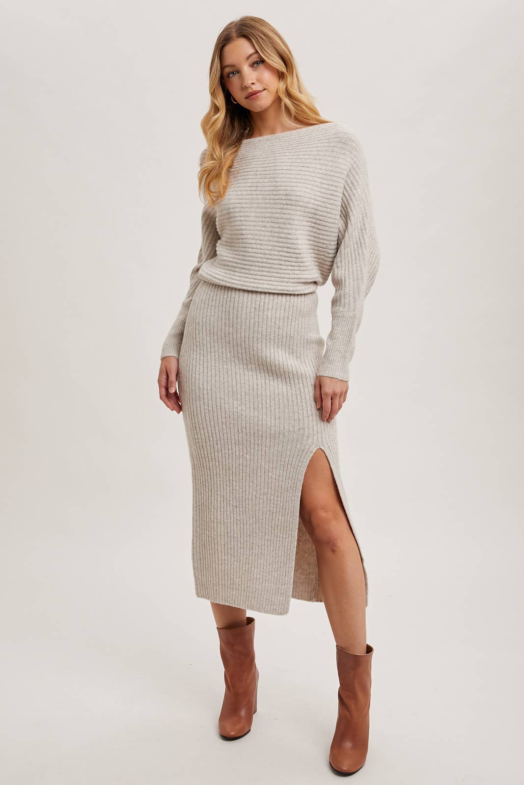 ONE SHOULDER OFF SIDE SLIT MIDI KNIT SWEATER DRESS Bluivy