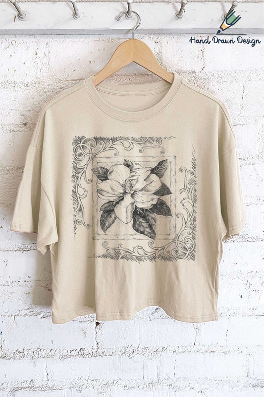 MAGNOLIA FLOWER HAND DRAWN GRAPHIC LONG CROP TOP