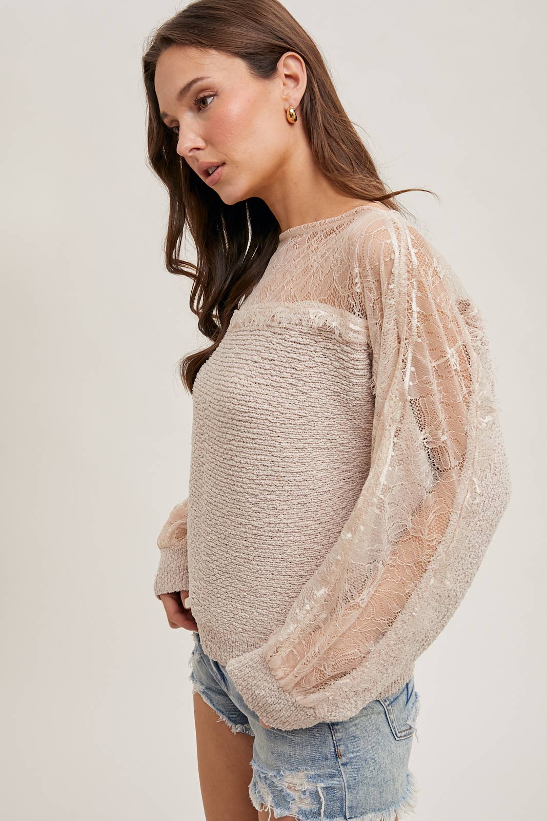 BOAT NECK LACE TRIMMED KNIT SWEATER PULLOVER