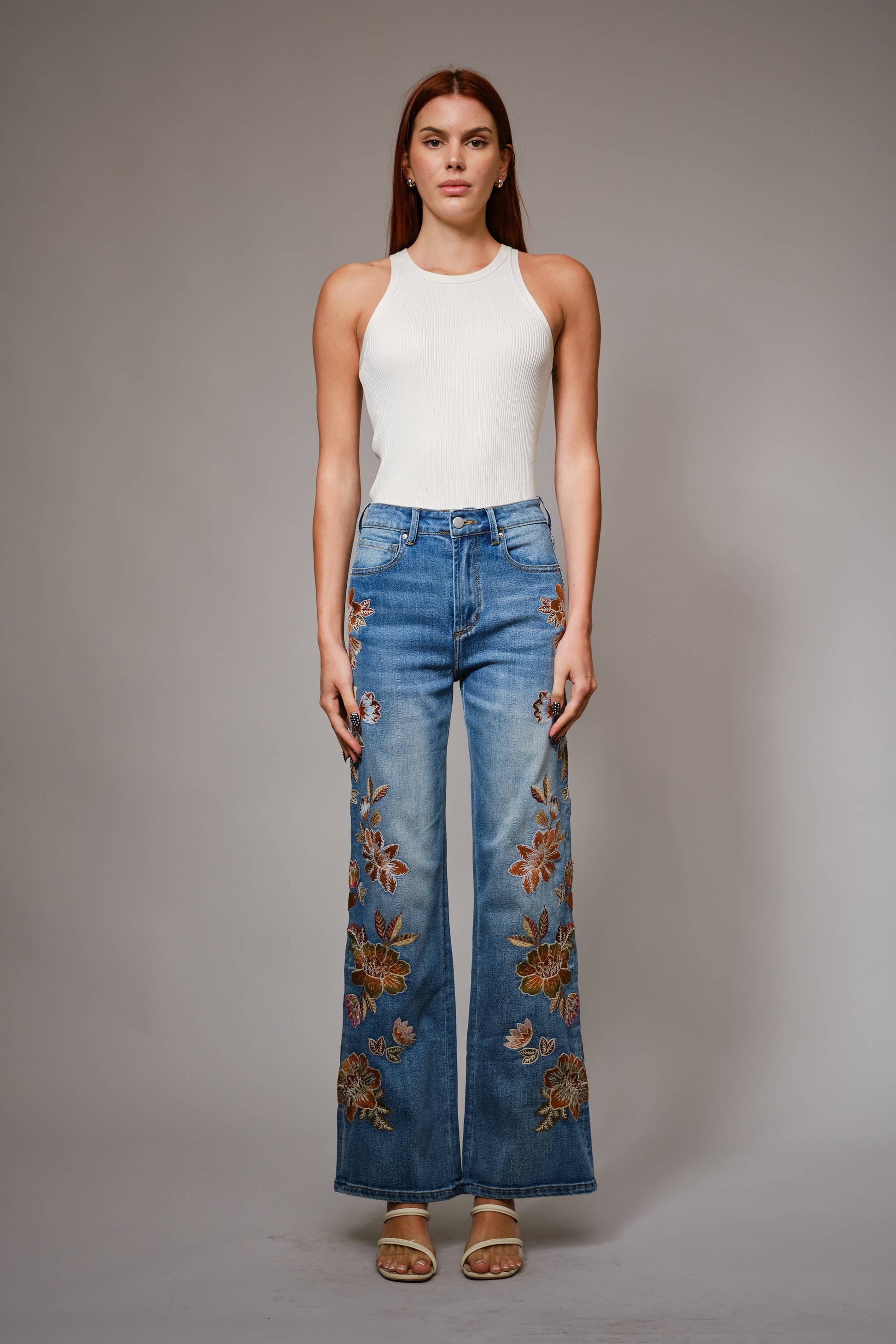 91502P - Flower Embroidery High Waist Flare Jean Blue B