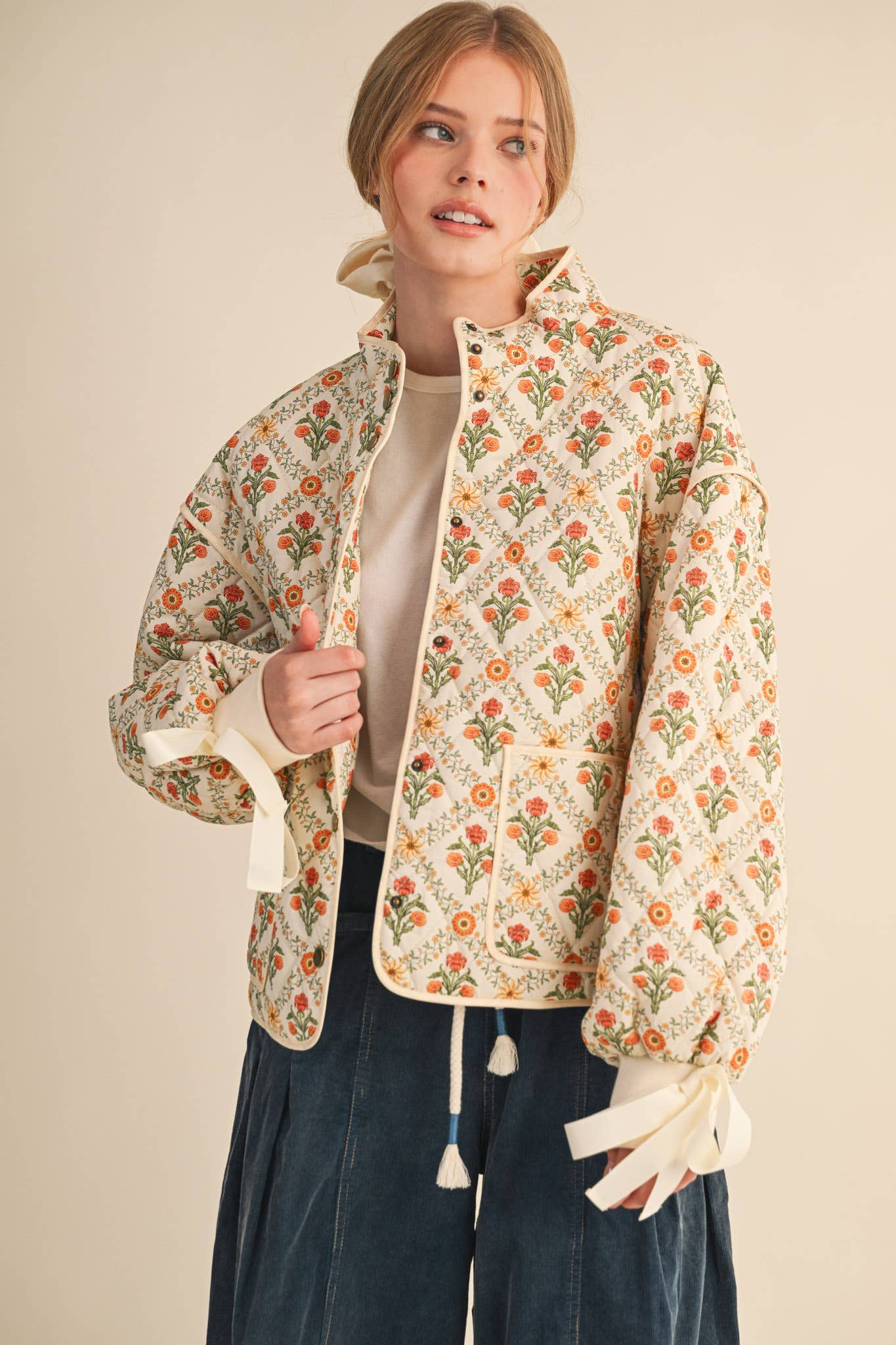 FLORAL QUILTED JACKET WITH RIBBON DETAIL MJK4431 &MERCI