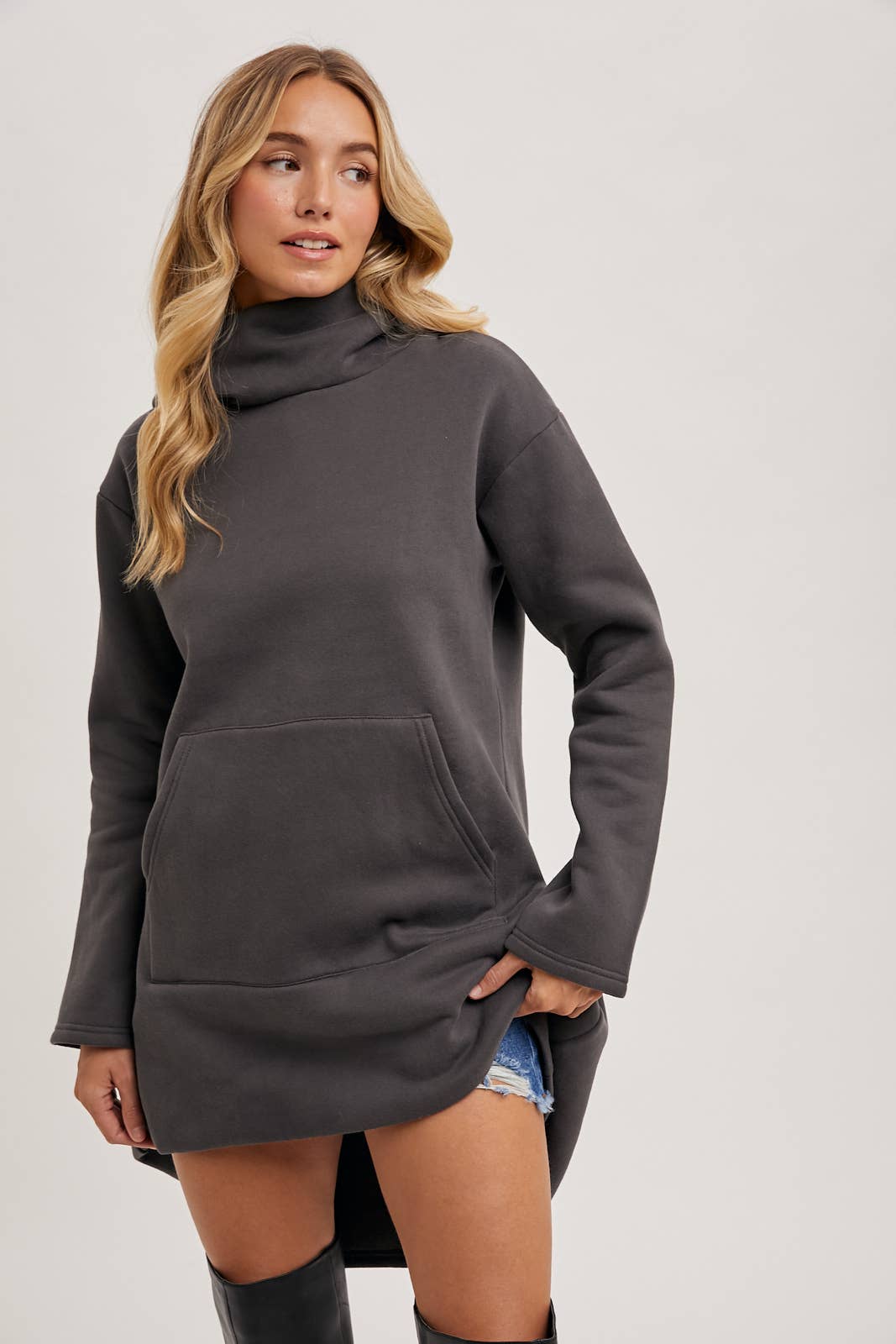 HIGH NECK HOODIE TUNIC SWEATSHIRT WITH POCKET FRONT Bluivy
