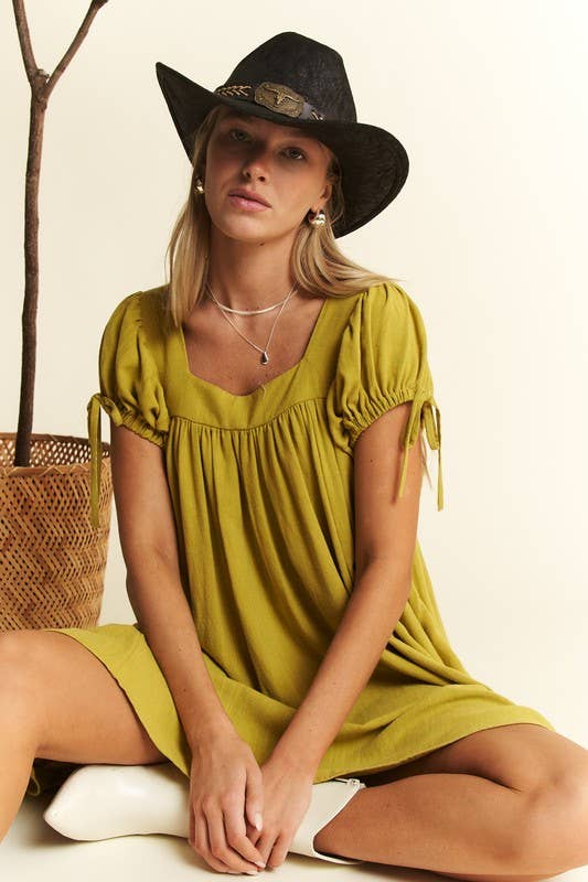 WASHED LINEN BUBBLE SLEEVE DRESS