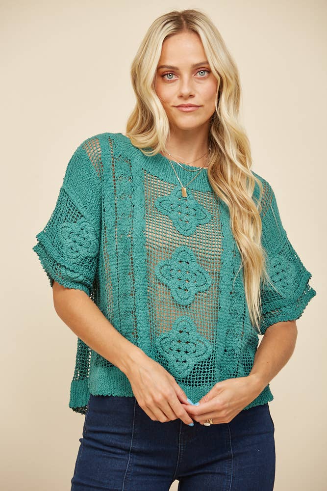FINAL SALE- SHORT SLEEVE CROCHET KNIT TOP TEAL