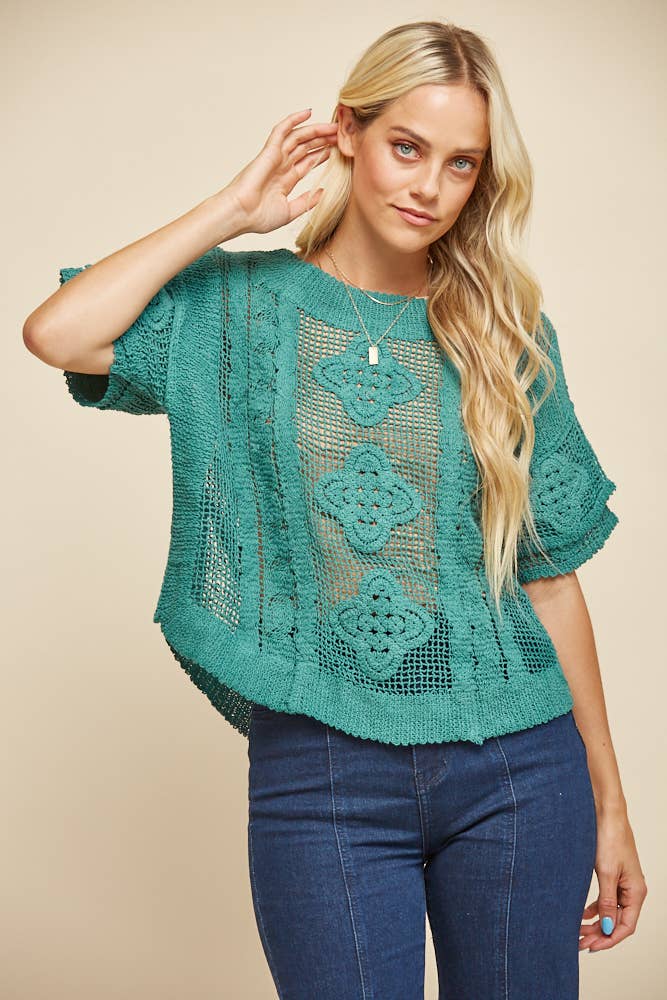 FINAL SALE- SHORT SLEEVE CROCHET KNIT TOP TEAL