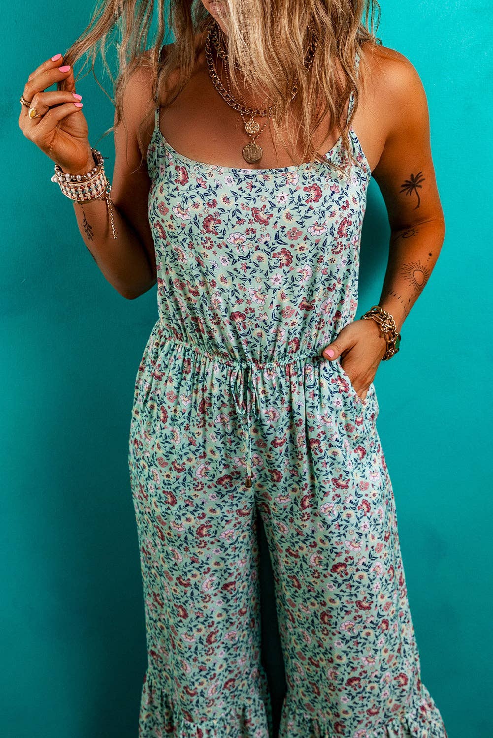 FINAL SALE- Boho Floral Ruffle Hem Summer Jumpsuit