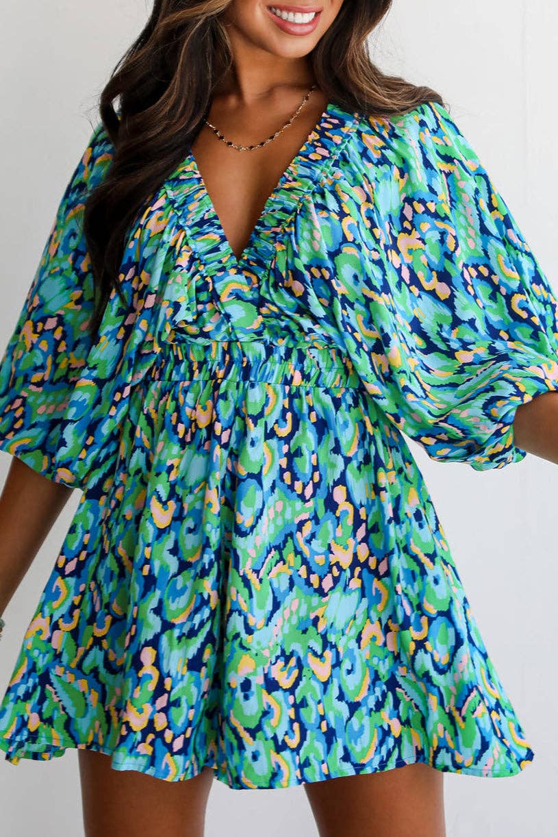 FINAL SALE-  Abstract Puff Sleeve V-Neck Romper