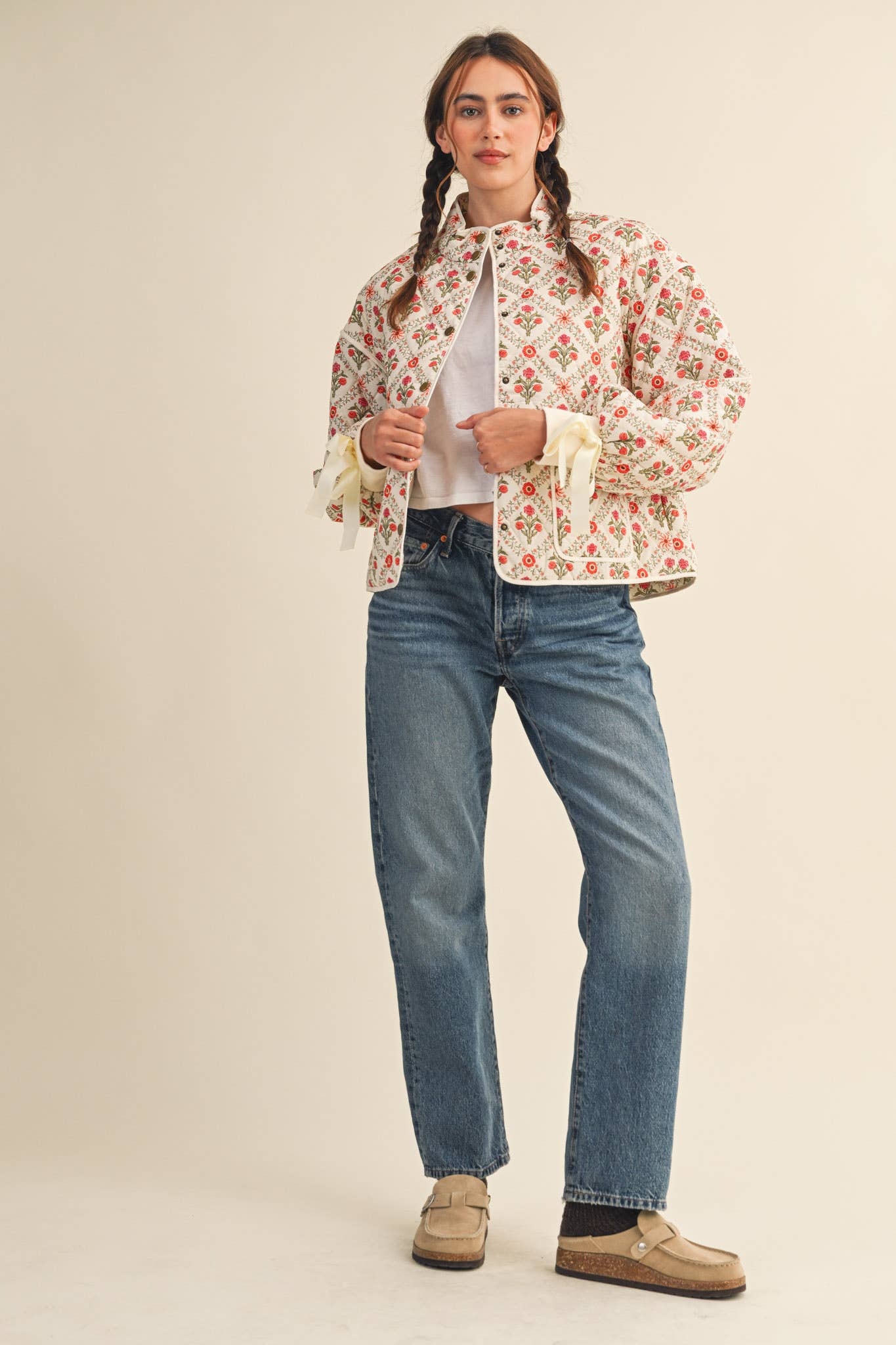 FLORAL QUILTED JACKET WITH RIBBON DETAIL MJK4431 &MERCI