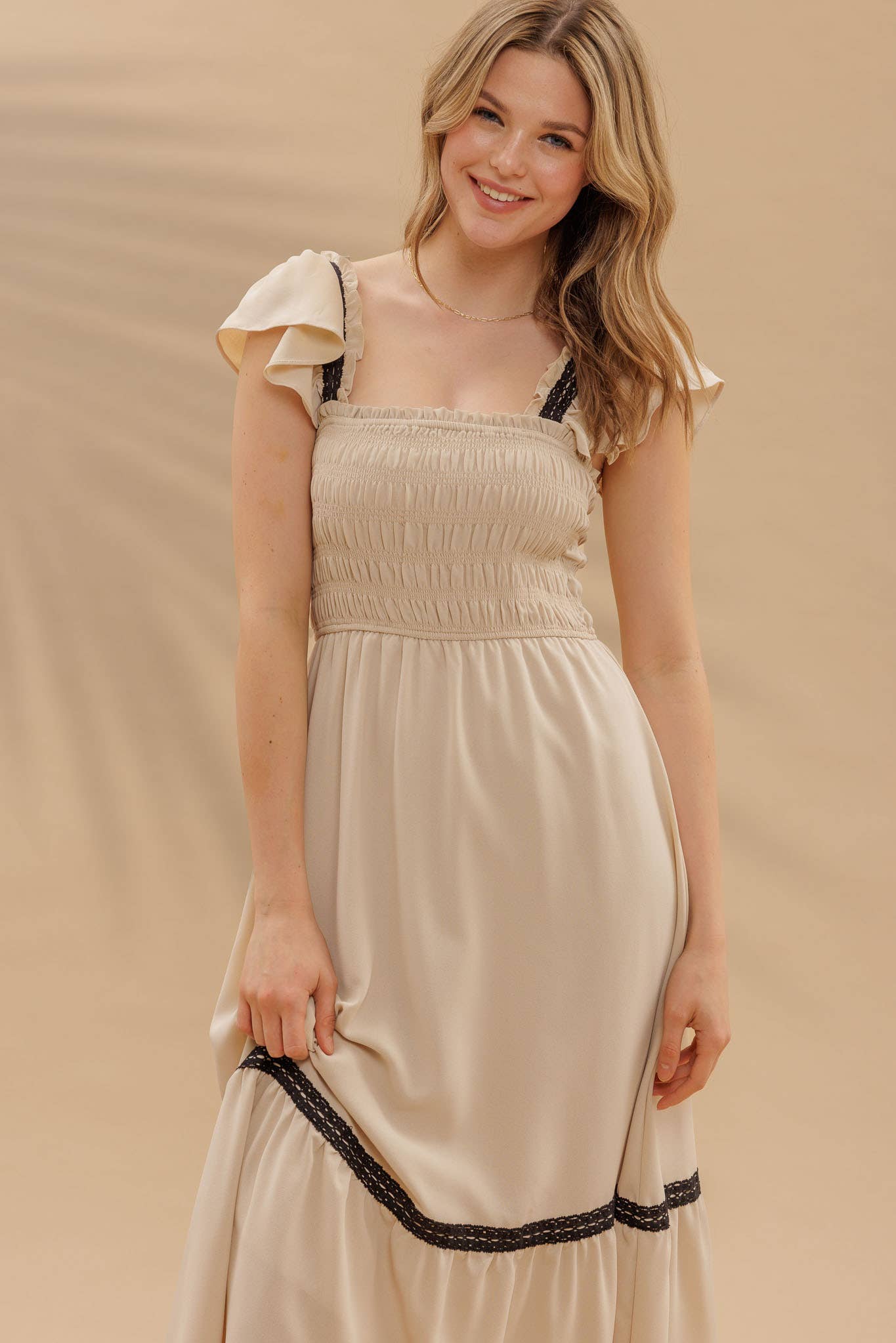 FINAL SALE- CONTRAST DETAIL SMOCKED RUFFLE MIDI DRESS