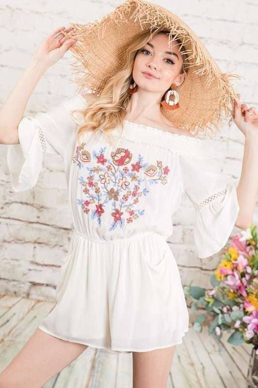 FLORAL EMBROIDERED CUTOUT OFF-SHOULDER ROMPERS