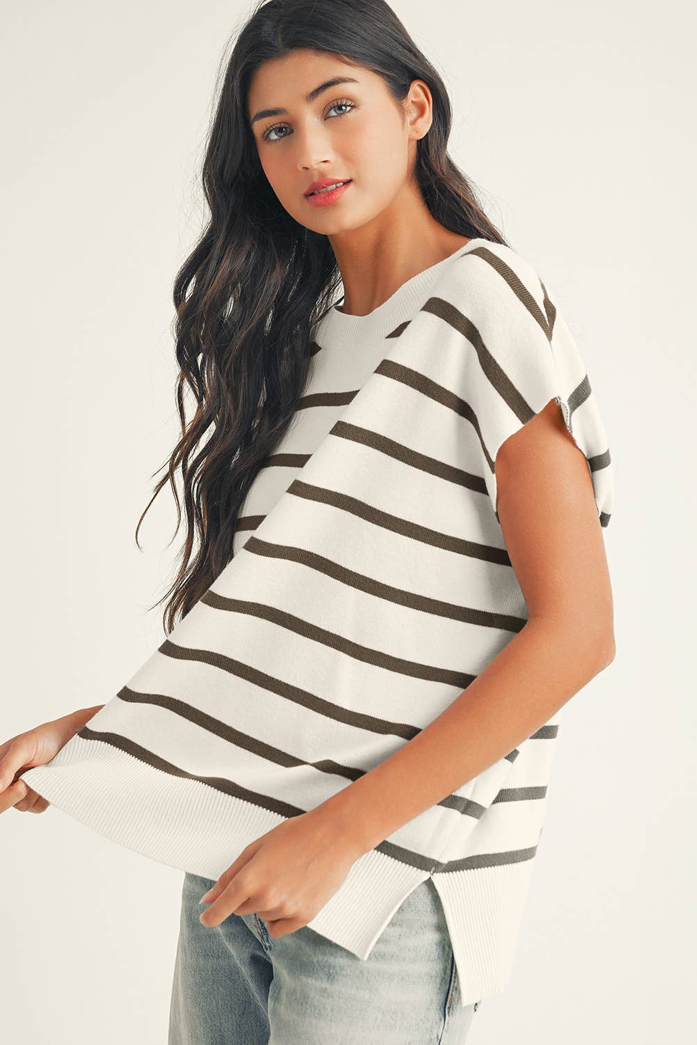 LDC Stripe Side Slits Crewneck Short Sleeve Sweater Tee