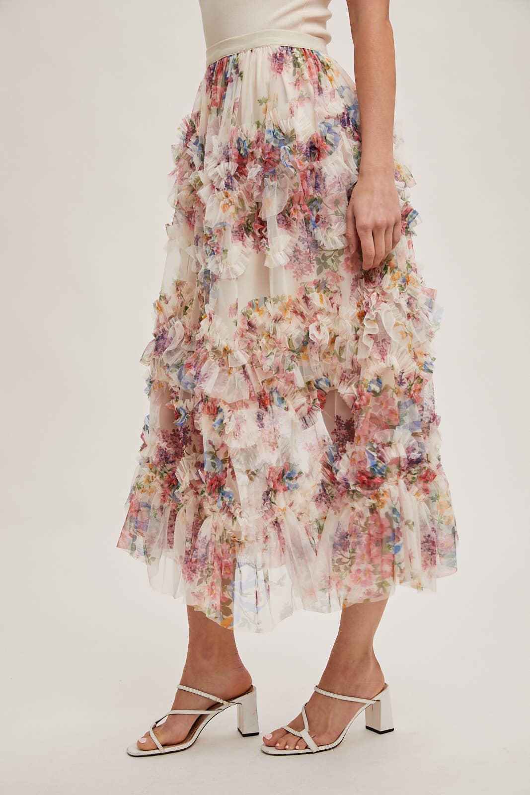 FLORAL RUFFLED MESH MIDI SKIRT
