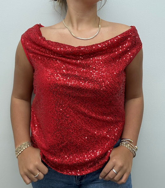 DRAPE NECK  SHIMMER TANK RED Pine Apparel