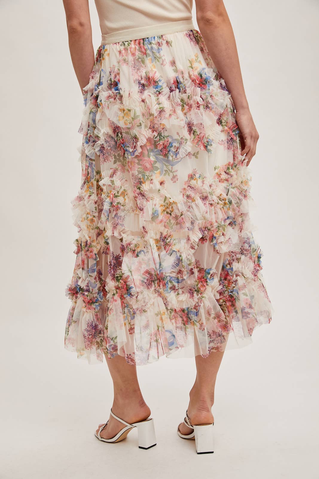 FLORAL RUFFLED MESH MIDI SKIRT
