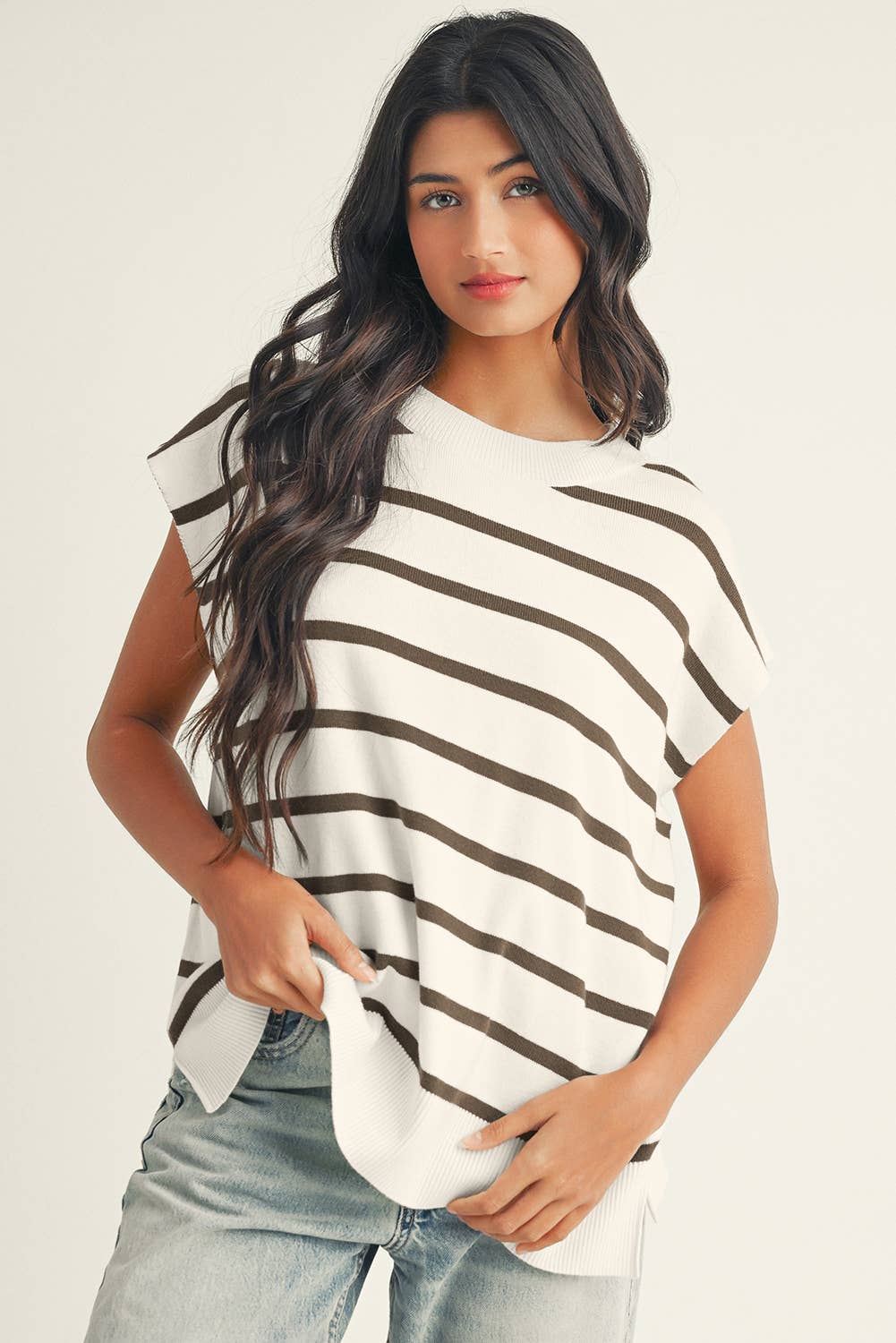 LDC Stripe Side Slits Crewneck Short Sleeve Sweater Tee