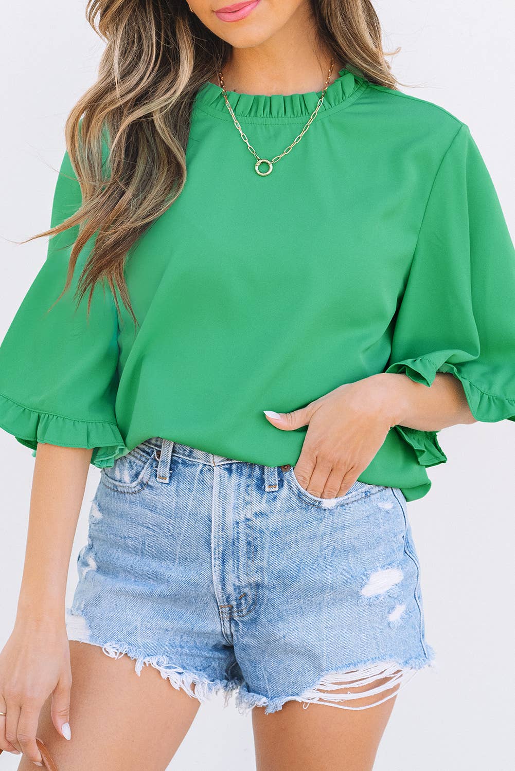 Frilly Round Neck Wide Half Sleeve Blouse