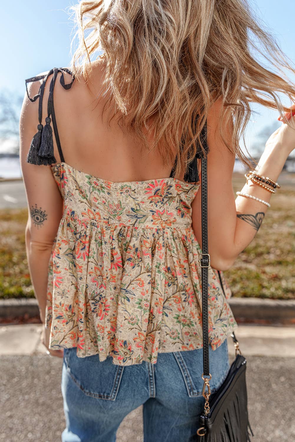 Floral Print Spaghetti Straps Ruffled Peplum Tank Top