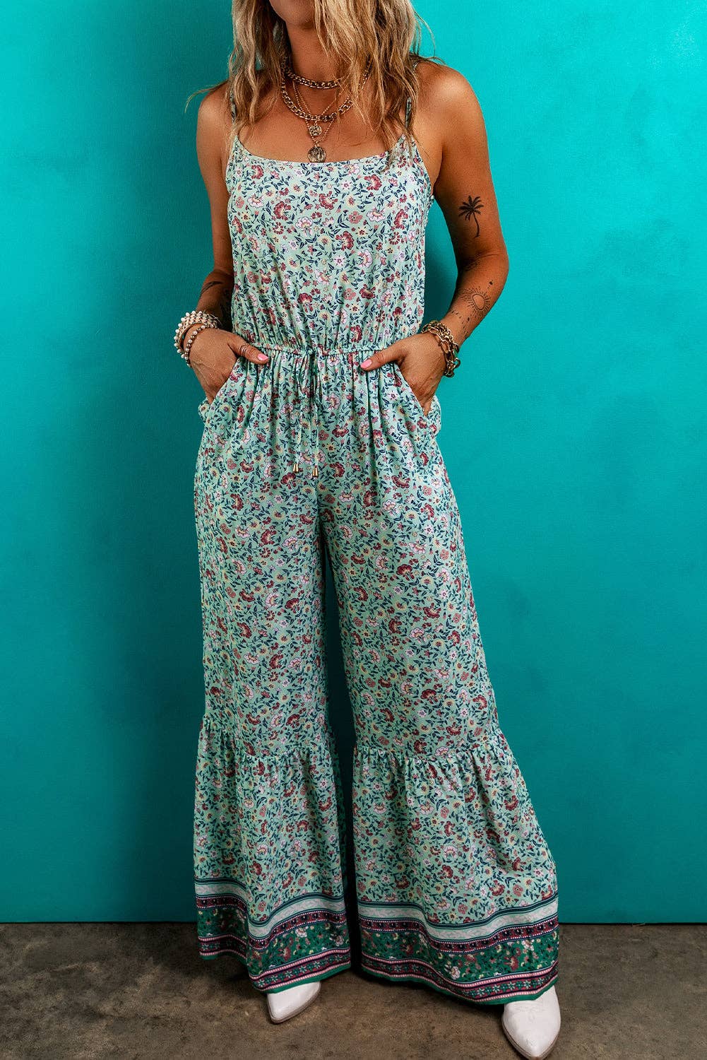 FINAL SALE- Boho Floral Ruffle Hem Summer Jumpsuit