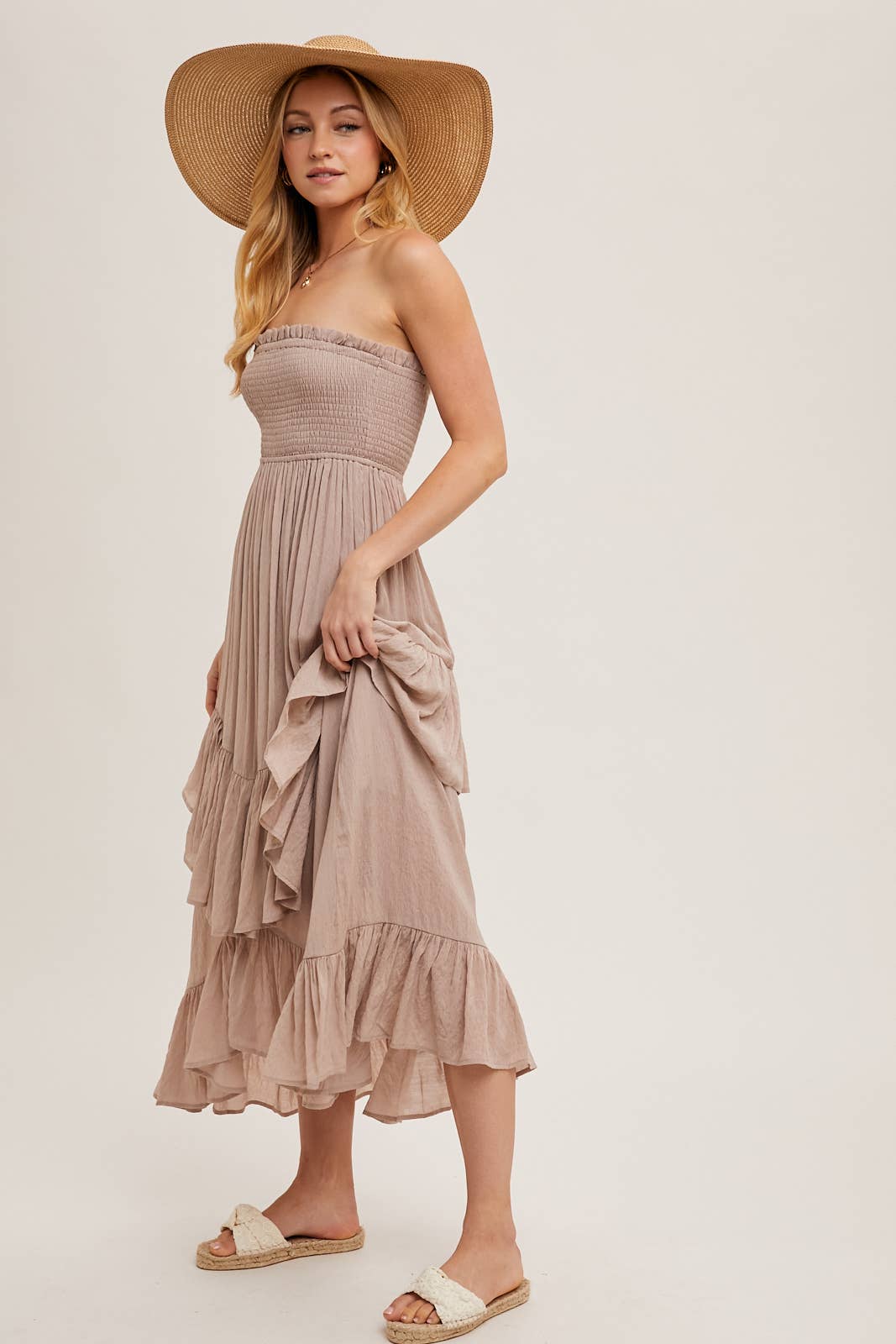FINAL SALE- BOHO SMOCKED STRAPLESS TIERED RUFFLE MIDI DRESS