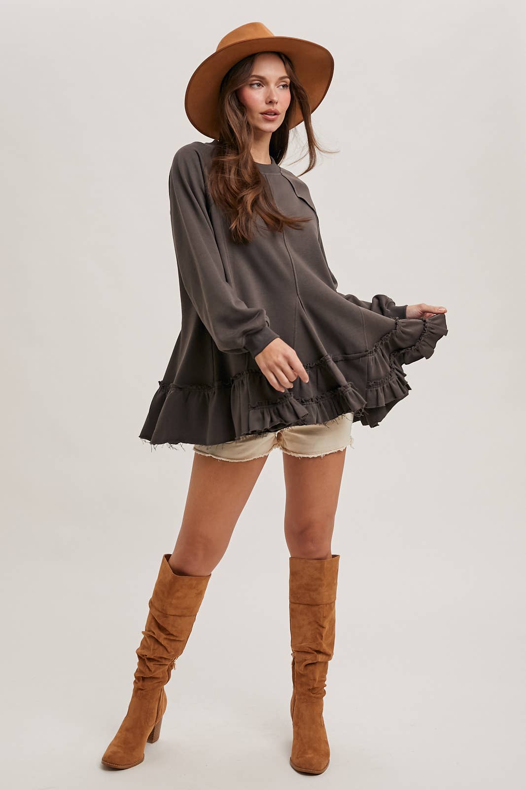 FRENCH TERRY RUFFLED TIERED HEM TUNIC SWEATSHIRT Bluivy