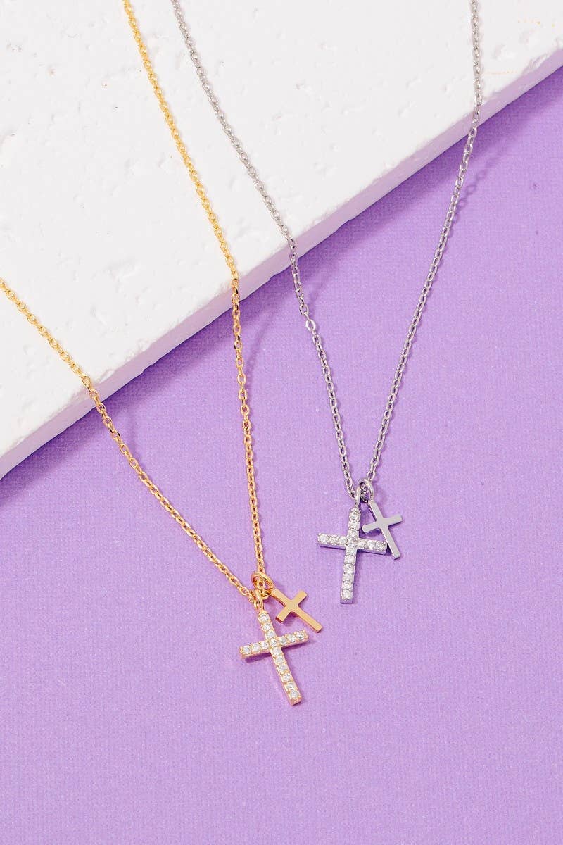 Cz Pave Double Cross Pendant Necklace Fame Accessories