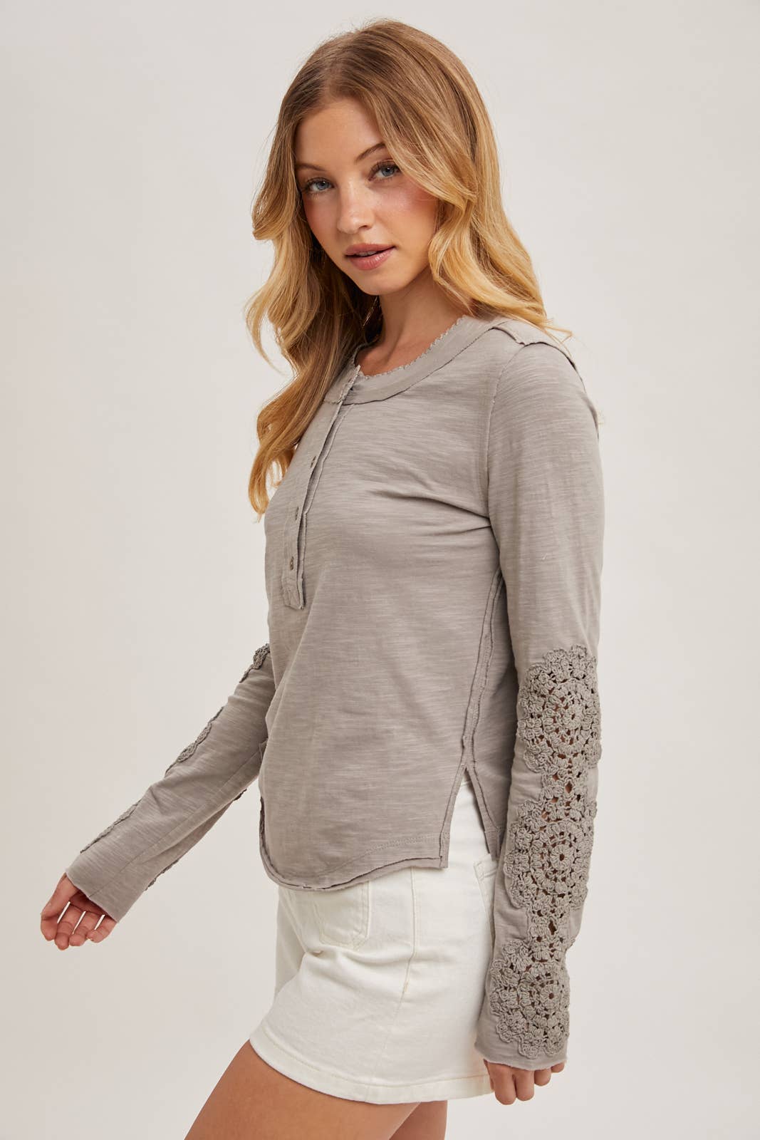 CROCHET PATCH SLEEVED HALF BUTTON ROUND NECK TOP Bluivy