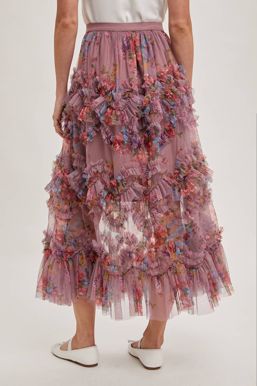 FLORAL RUFFLED MESH MIDI SKIRT