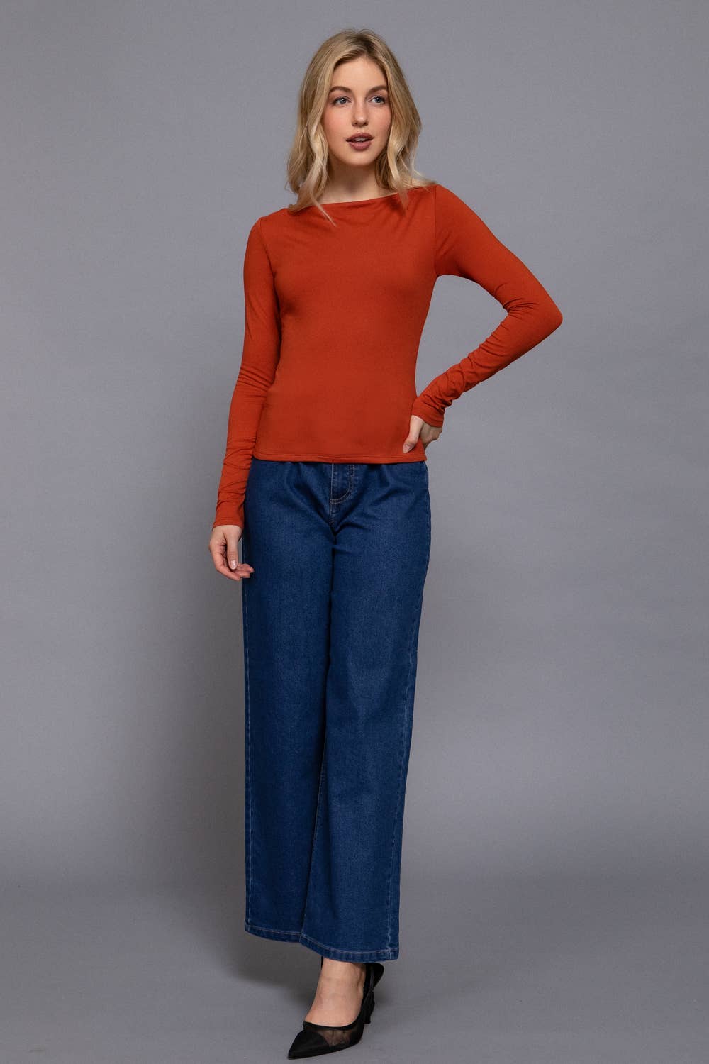 Long Sleeve Boat Neck Knit Top Active Basic | Active USA