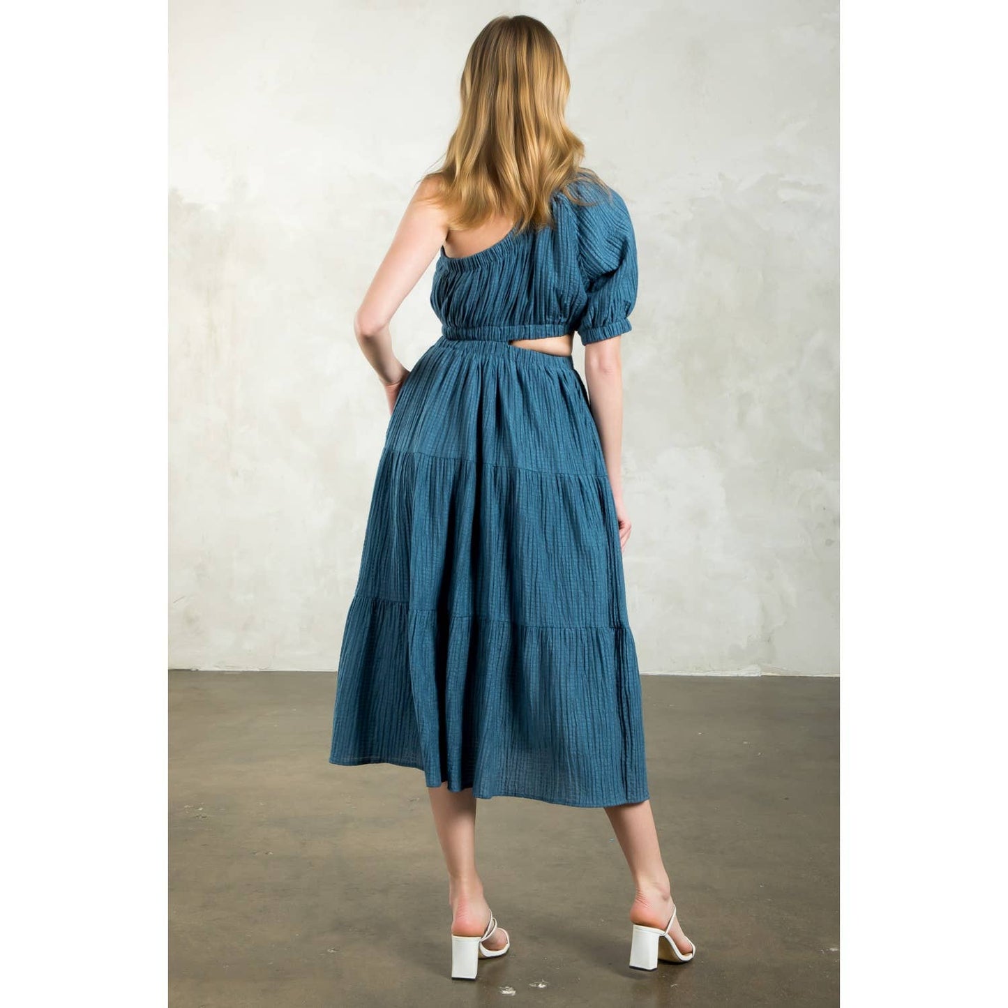 Women's One Shoulder Puff Sleeve Textured Dress