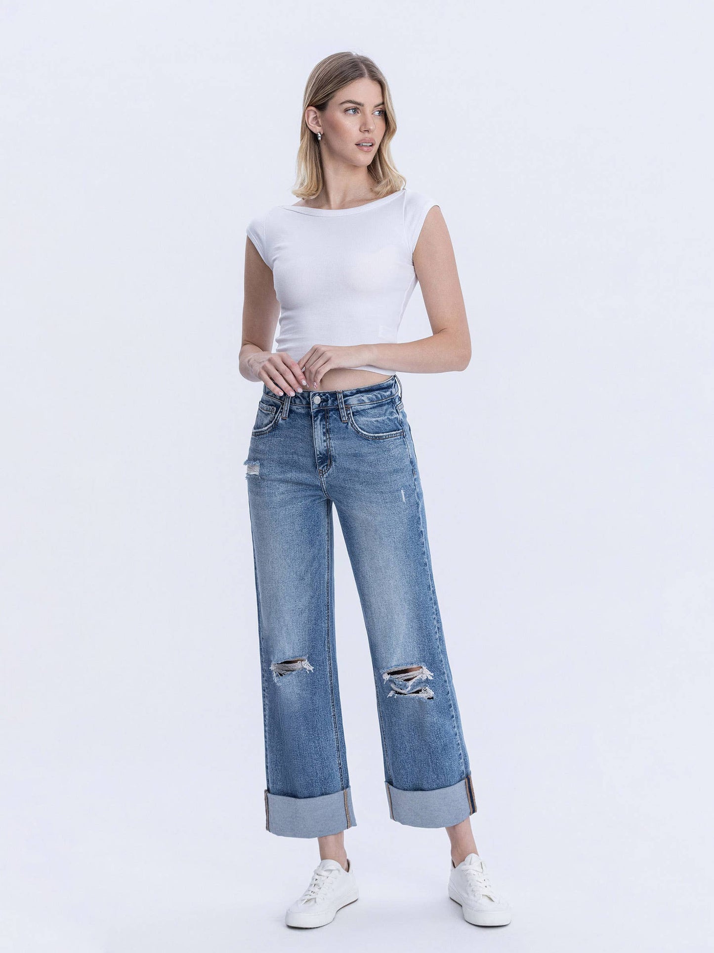 SUPER HIGH RISE DOUBLE CUFFED BAGGY WIDE JEANS LV1459 Lovervet by VERVET