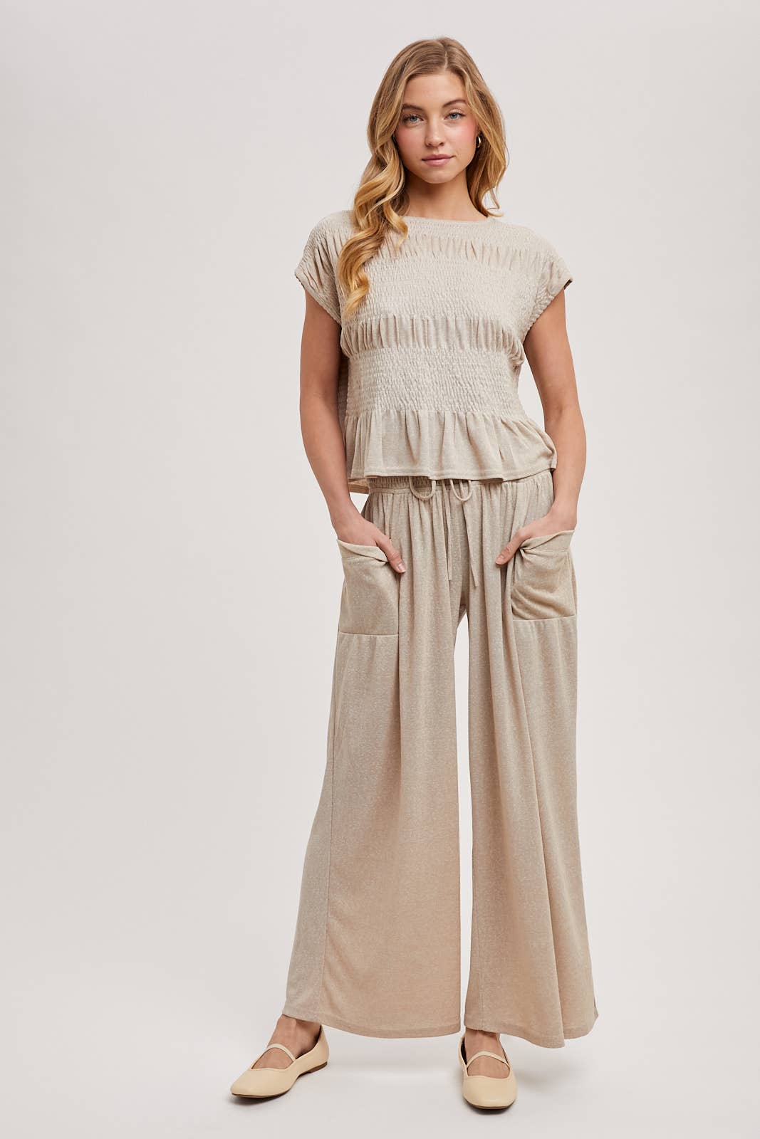 RELAXED KNIT SMOCKED TOP AND WIDE PANTS SET