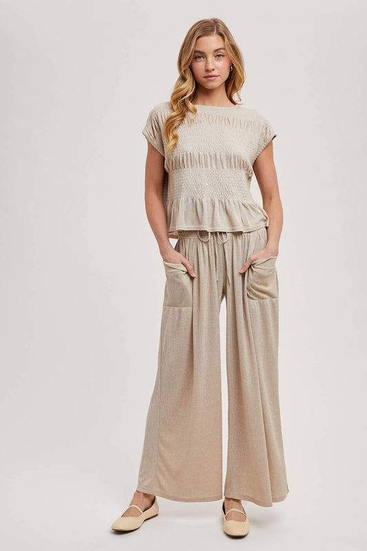 RELAXED KNIT SMOCKED TOP AND WIDE PANTS SET