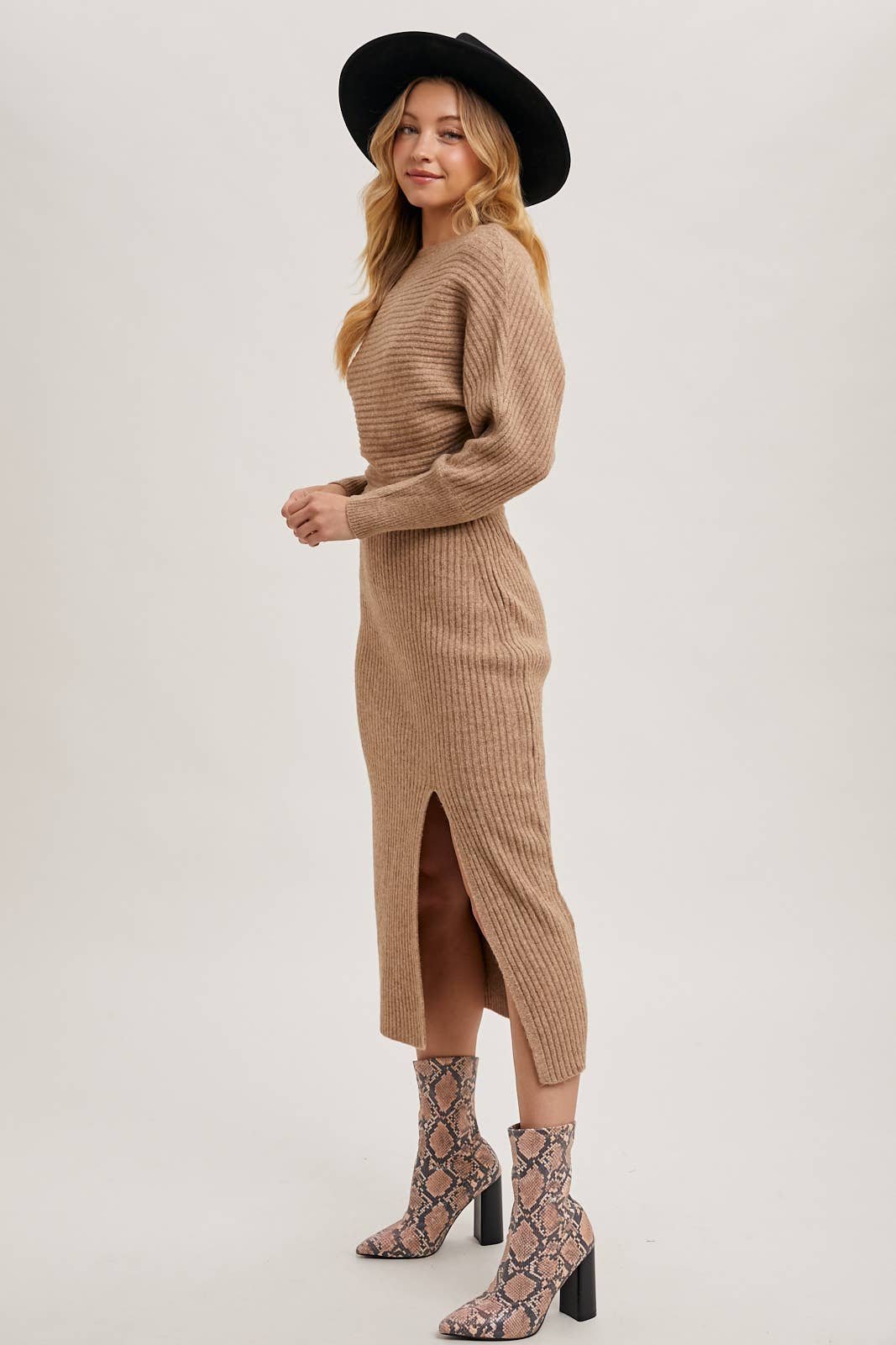 ONE SHOULDER OFF SIDE SLIT MIDI KNIT SWEATER DRESS Bluivy
