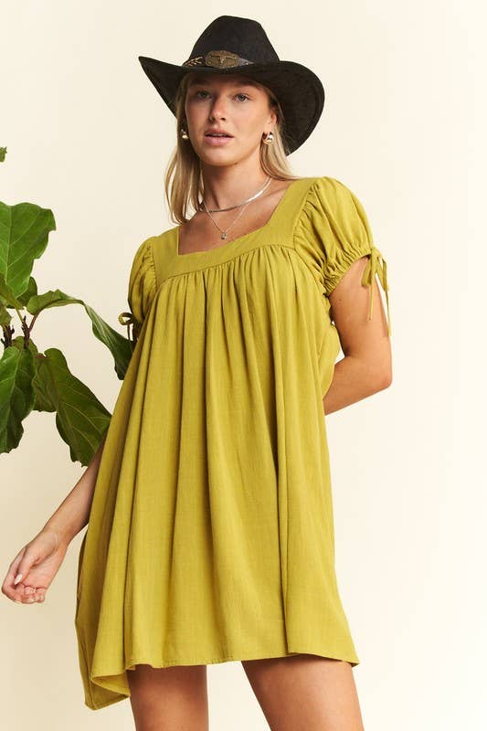 WASHED LINEN BUBBLE SLEEVE DRESS