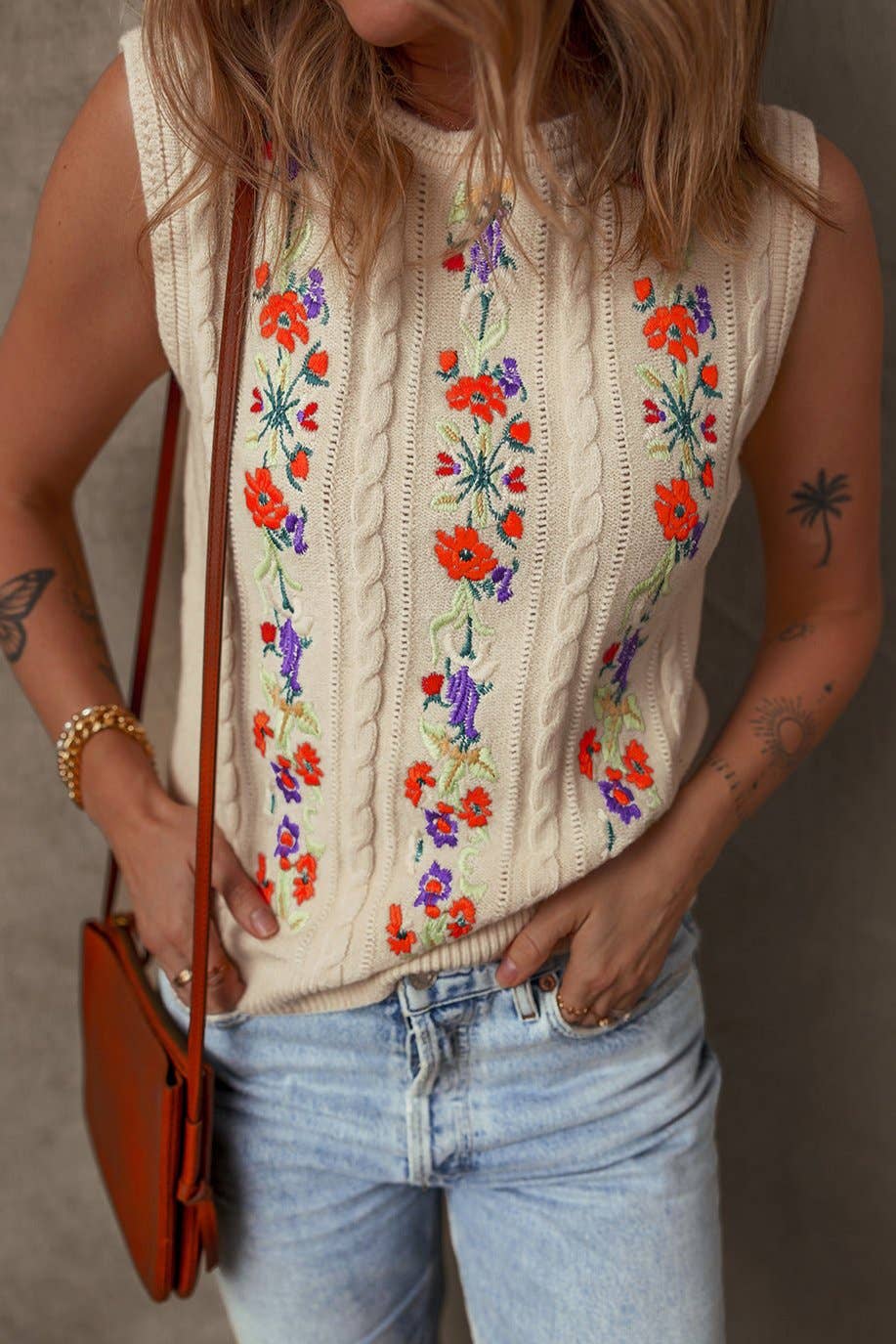 Floral Embroidered Sleeveless Sweater Top LALA LOO