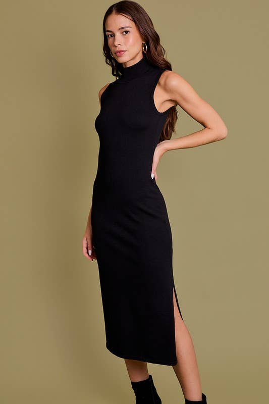 SLEEVELESS MOCK NECK KNIT SLIT MIDI DRESS