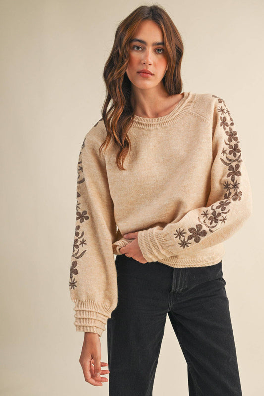 PULLOVER SWEATER WITH FLORAL EMBROIDERED SLEEVES MSW10890 &MERCI