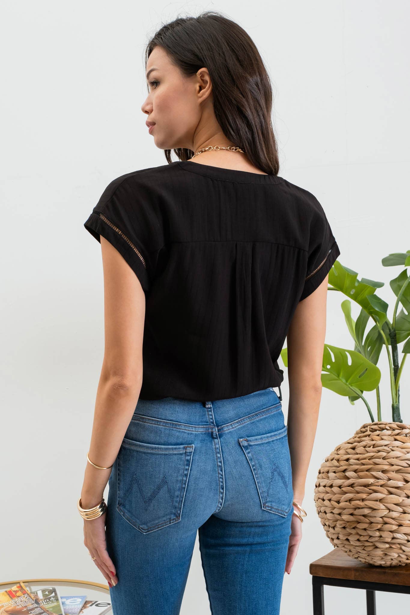 FINAL SALE- LACE TRIM SPLIT NECK TOP